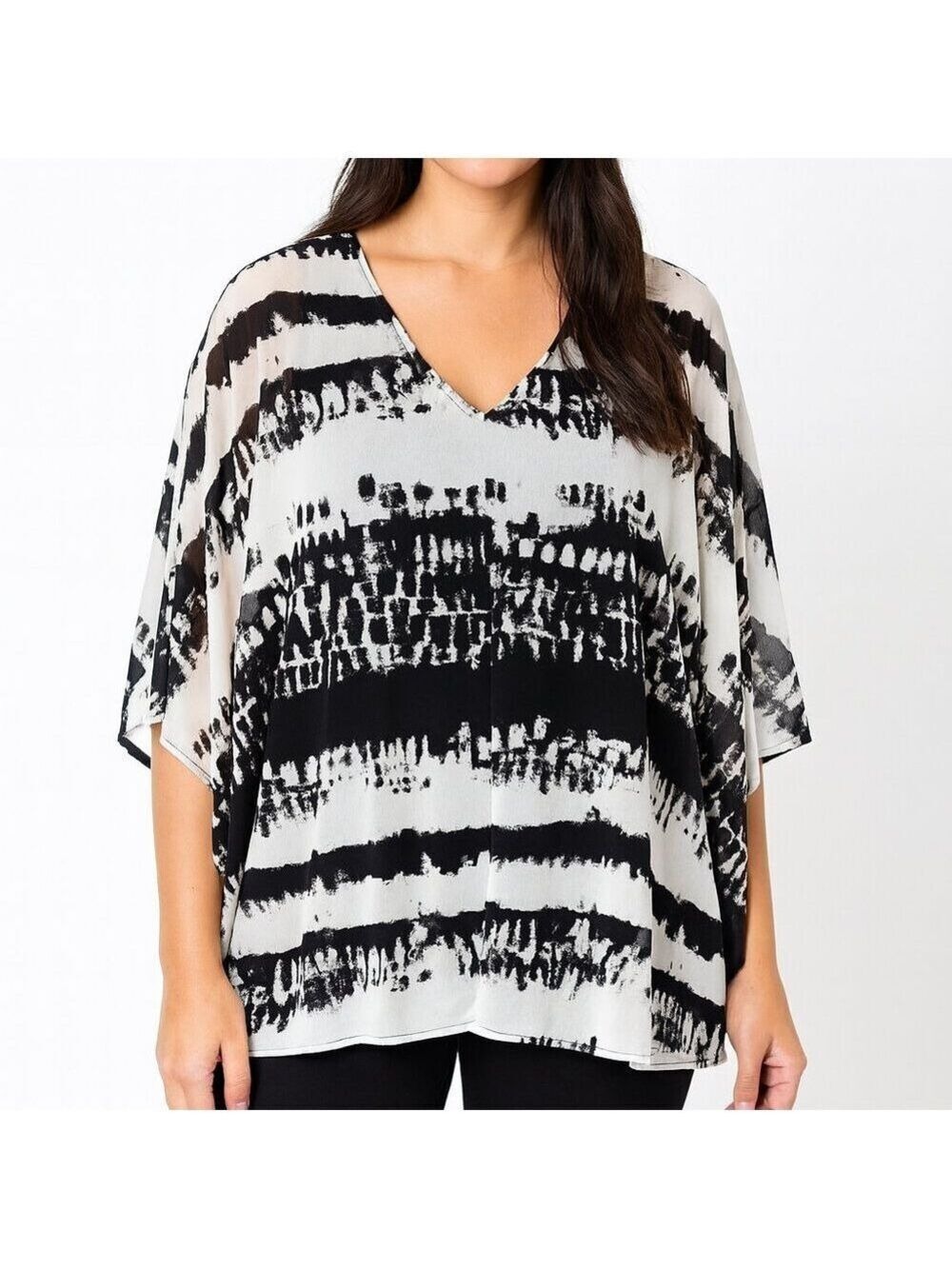 Hilary Radley Batwing Poncho Top L Black White Tie Dye Knit Woven V Neck